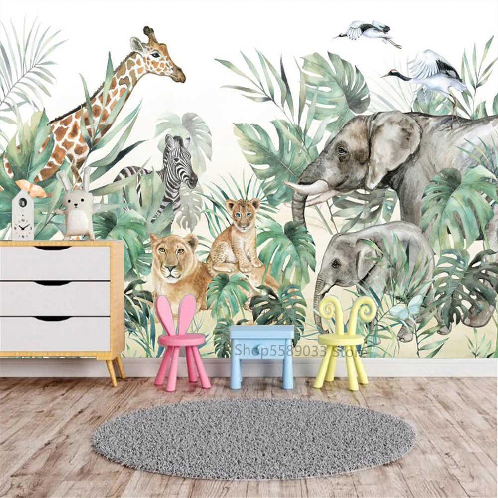 Tamaño personalizado de la Selva 3D papel pintado de Murales de León Elefante Animales para la Habitación de los Niños 3D de la Hoja de papel de Pared dibujos animados Pegatinas de Decoración para el Hogar Imagen 0