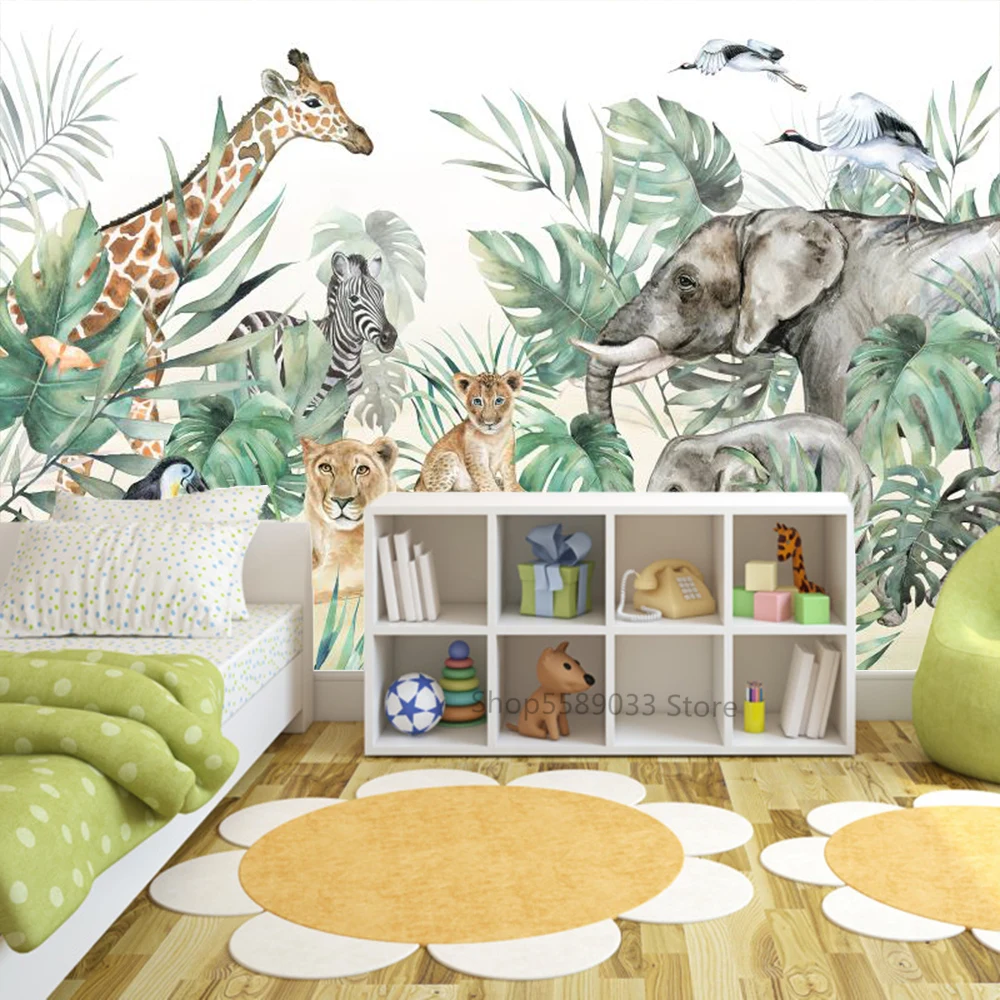 Tamaño personalizado de la Selva 3D papel pintado de Murales de León Elefante Animales para la Habitación de los Niños 3D de la Hoja de papel de Pared dibujos animados Pegatinas de Decoración para el Hogar Imagen 1