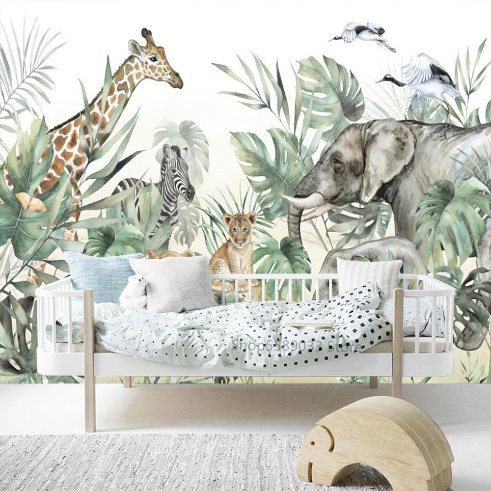 Tamaño personalizado de la Selva 3D papel pintado de Murales de León Elefante Animales para la Habitación de los Niños 3D de la Hoja de papel de Pared dibujos animados Pegatinas de Decoración para el Hogar Imagen 2