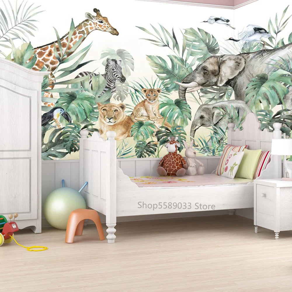 Tamaño personalizado de la Selva 3D papel pintado de Murales de León Elefante Animales para la Habitación de los Niños 3D de la Hoja de papel de Pared dibujos animados Pegatinas de Decoración para el Hogar Imagen 3
