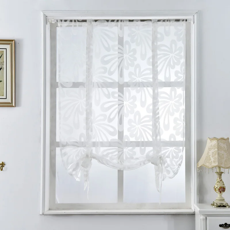 Cocina cortinas cortas jacquard persianas romanas floral blanco panel transparente de tul azul de tratamiento de la ventana de la puerta cortinas de decoración para el hogar Imagen 1