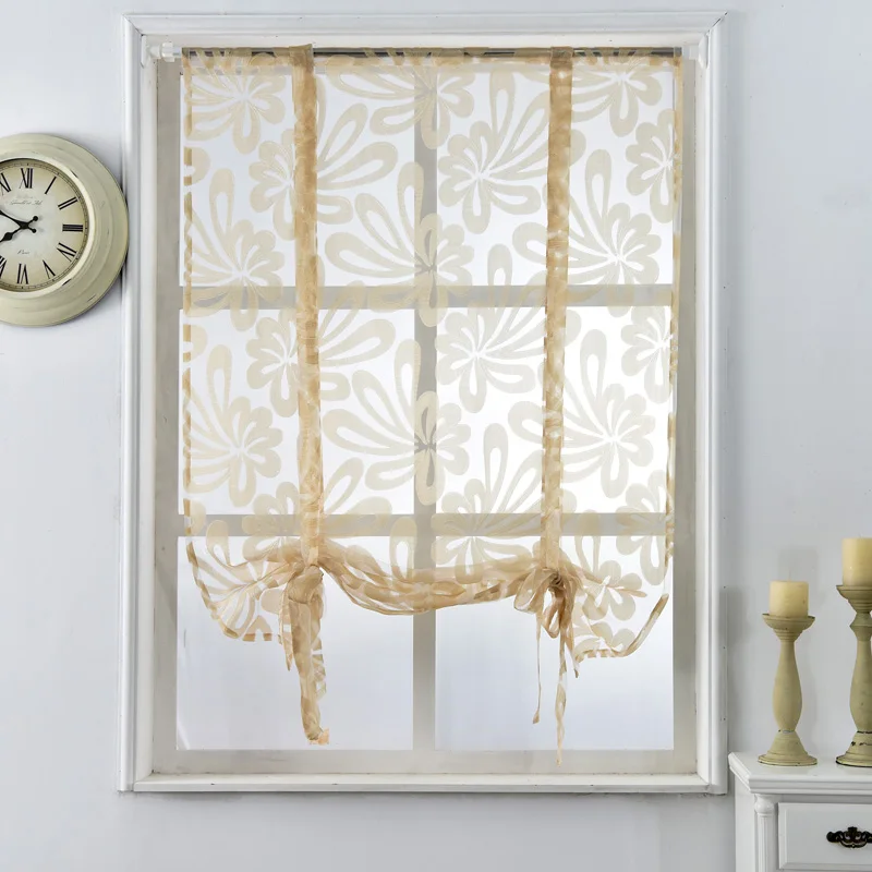 Cocina cortinas cortas jacquard persianas romanas floral blanco panel transparente de tul azul de tratamiento de la ventana de la puerta cortinas de decoración para el hogar Imagen 2