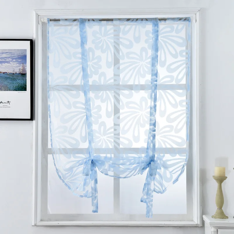 Cocina cortinas cortas jacquard persianas romanas floral blanco panel transparente de tul azul de tratamiento de la ventana de la puerta cortinas de decoración para el hogar Imagen 3
