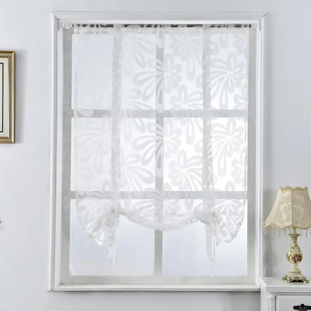 Cocina cortinas cortas jacquard persianas romanas floral blanco panel transparente de tul azul de tratamiento de la ventana de la puerta cortinas de decoración para el hogar Imagen 4