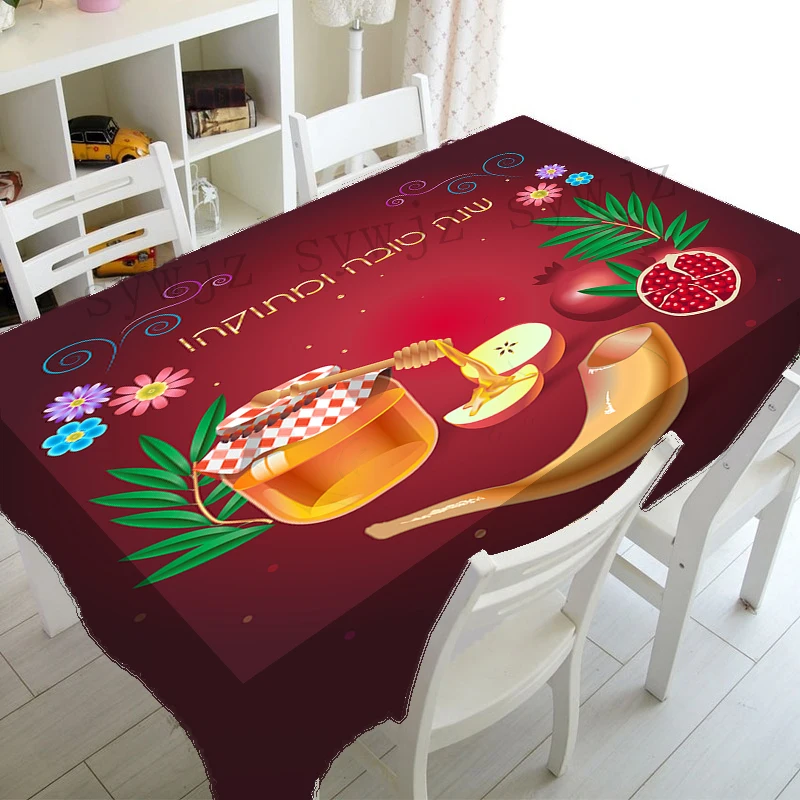 Rosh Hashana Mantel Fiesta De La Decoración De La Impresión Roja De La Decoración De La Cocina Comedor De La Casa Resistente A Las Manchas Del Mantel Imagen 0