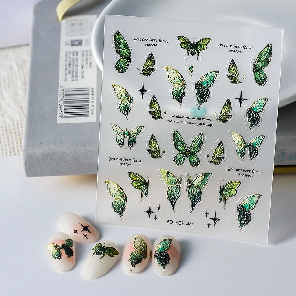 Verde Mariposa 5D Pegatinas de Uñas de controles Deslizantes Para la Manicura polaco del Tatuaje del Arte de las Uñas Imagen 4